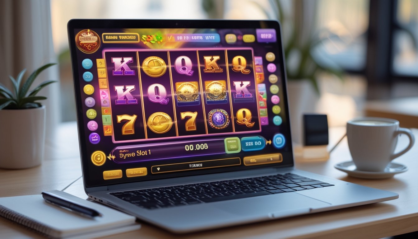 Seorang pengguna duduk di depan komputer dengan permainan slot online berwarna-warni di layar, di meja terdapat buku catatan dan kopi.
