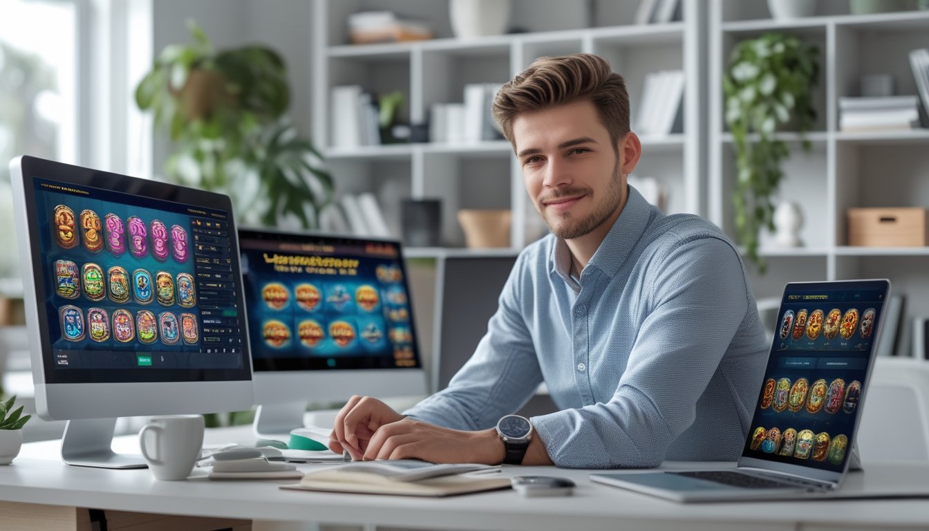 Seorang pria muda duduk di meja kerja dengan beberapa layar komputer menampilkan permainan slot online, tampak fokus dan tersenyum di ruangan kantor rumah yang rapi.