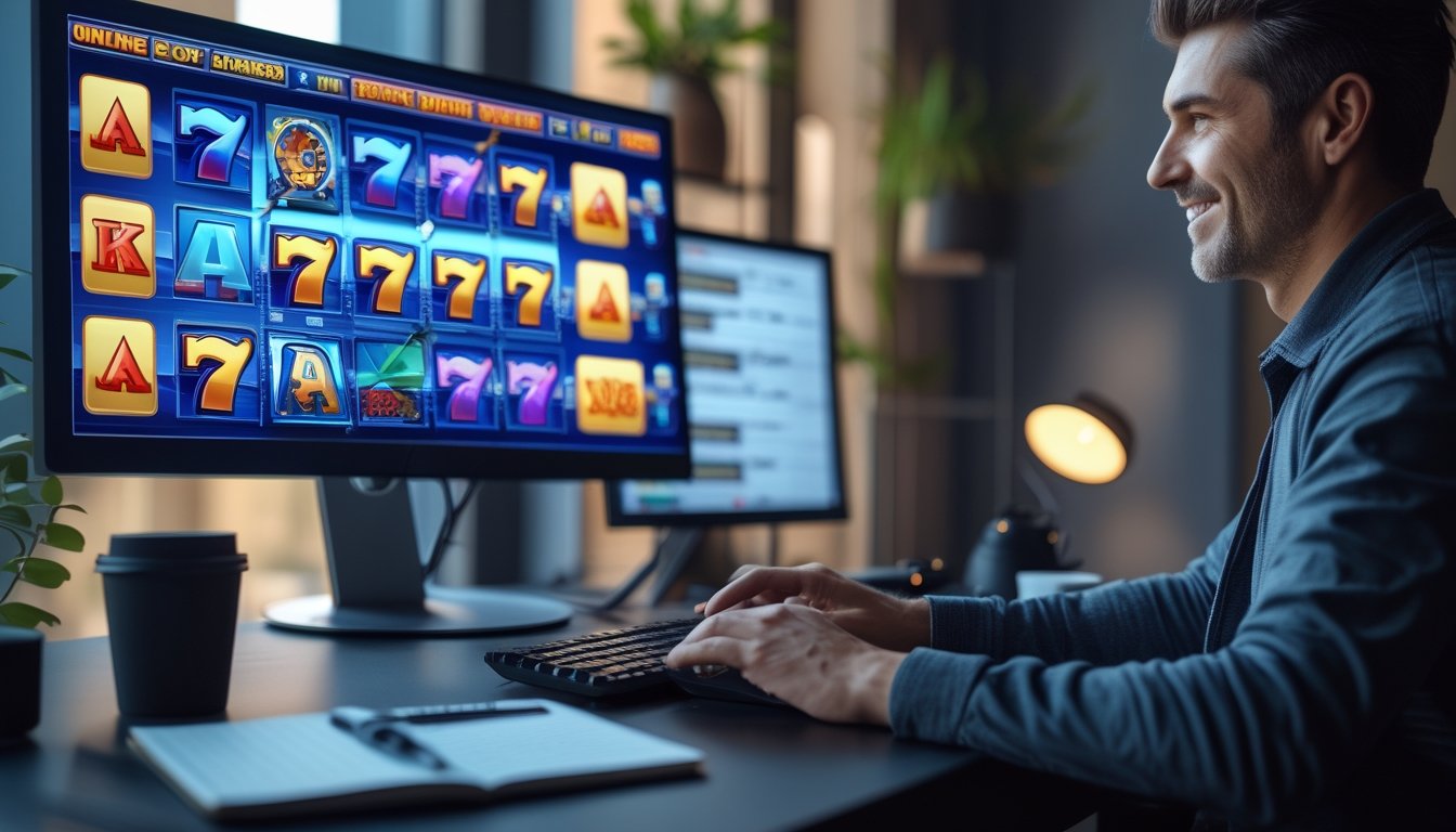 Seorang pemain dewasa sedang bermain permainan slot online di komputer dengan latar ruang kerja modern.