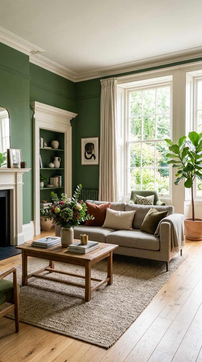 Living room with deep green walls, warm white trim, a sofa, coffee table, and indoor plants.