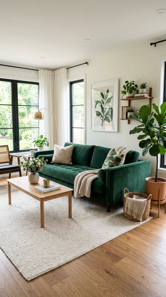 A deep green velvet sofa in a bright living room with wooden flooring, plants, and a coffee table.