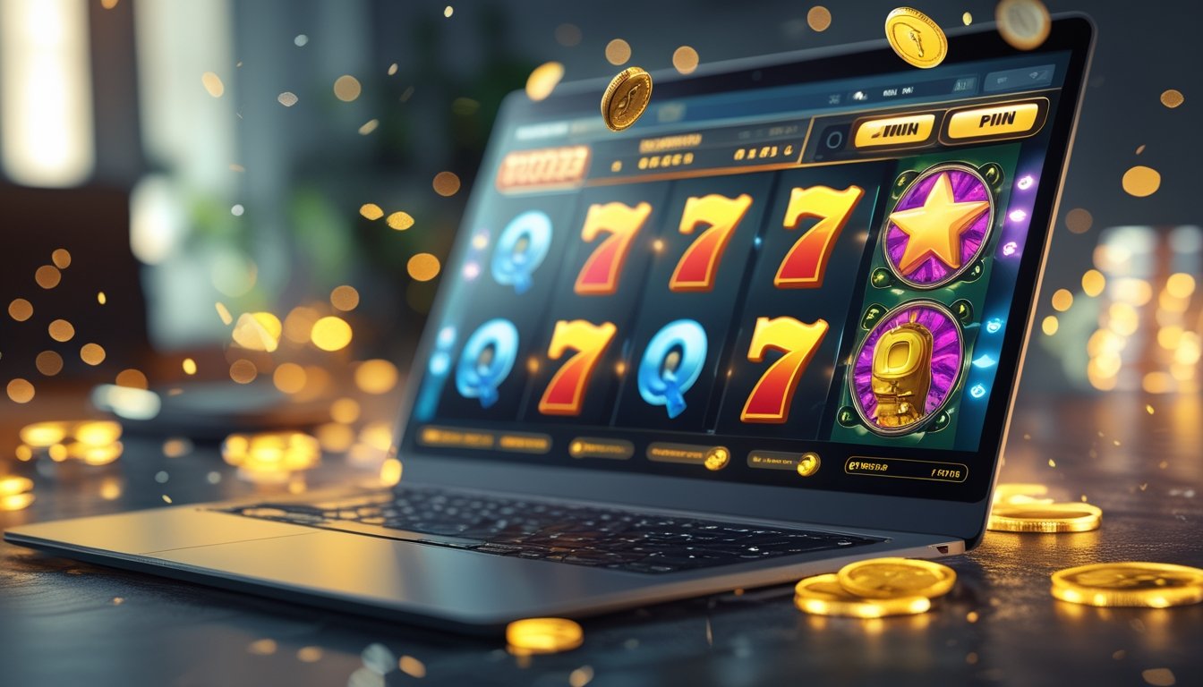 Seorang pemain menggunakan laptop atau ponsel yang menampilkan permainan slot online dengan simbol warna-warni dan koin yang bersinar di sekitarnya.