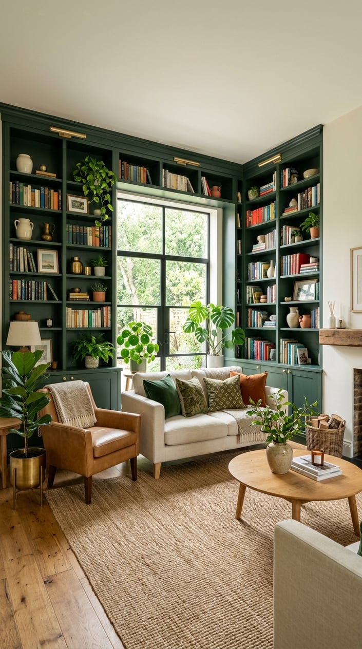Living room with built-in green bookcases filled with books and plants, comfortable seating, and natural light.