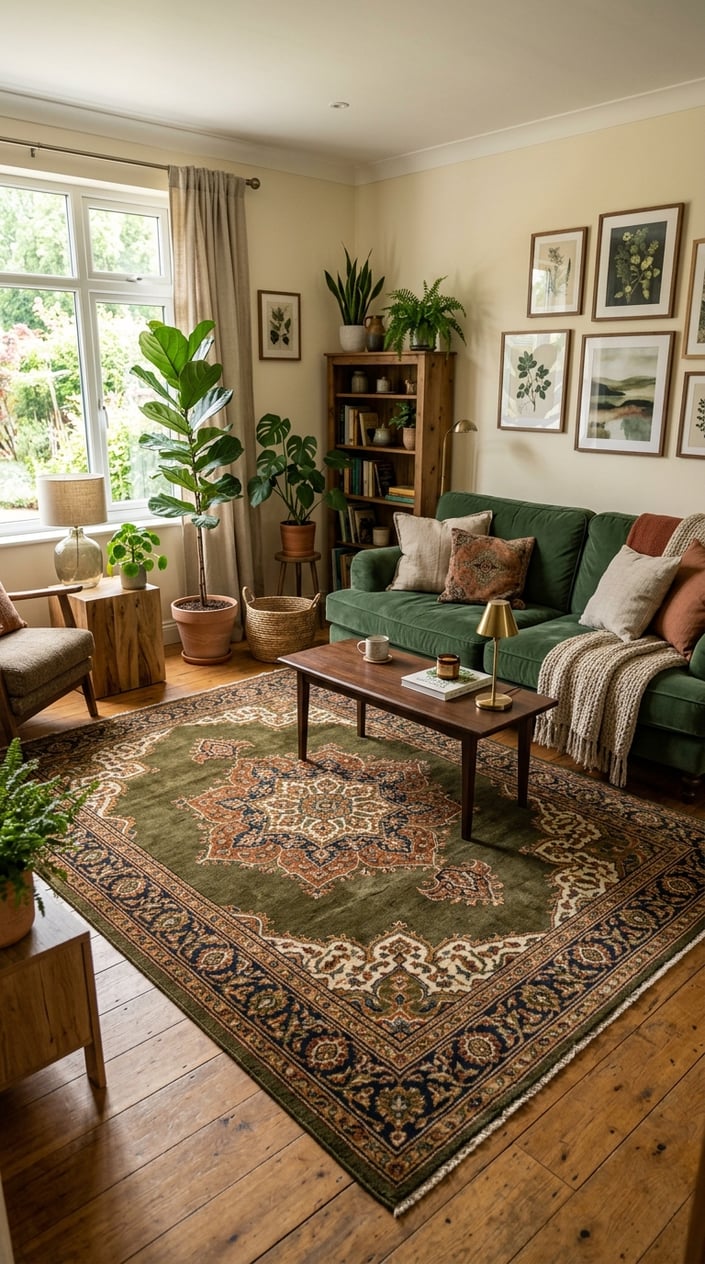 A living room with a vintage olive Persian rug with rust and cream accents, green sofa, potted plants, and wooden furniture.