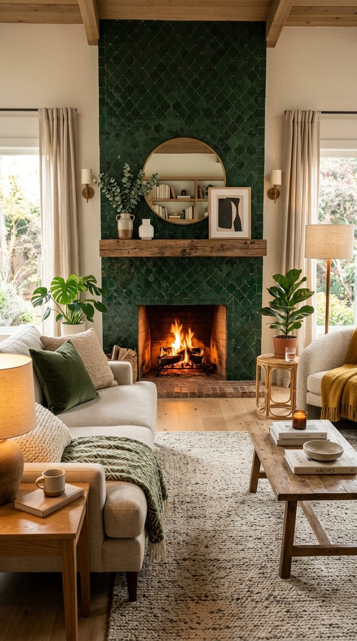 Living room with a fireplace surrounded by dark green decorative tiles, featuring seating and plants.