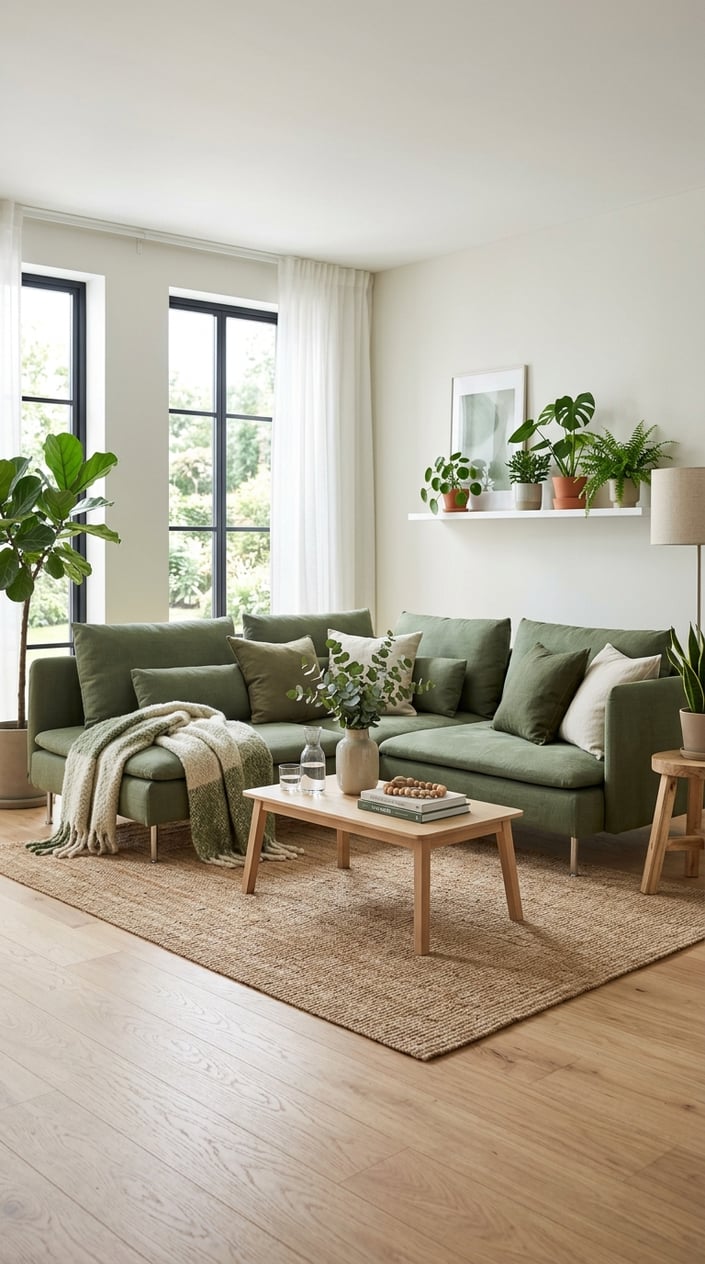 A living room with a moss green covered sofa, wooden coffee table, and green plants near large windows.