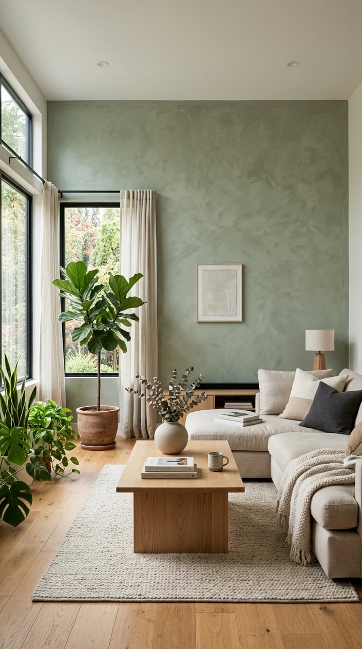 A living room with a sage green textured accent wall, comfortable seating, wooden coffee table, and green plants.
