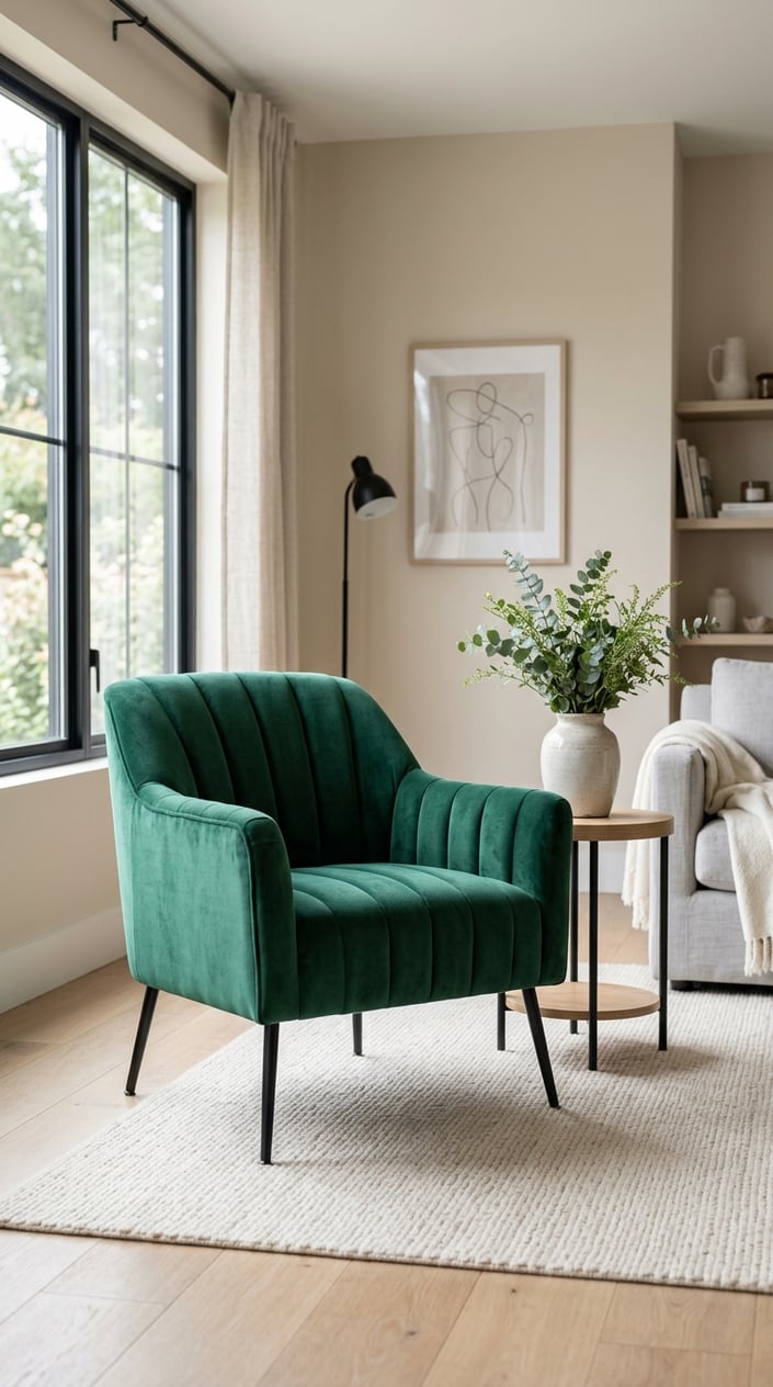 A green accent chair in a neutral living room with a side table and plants.