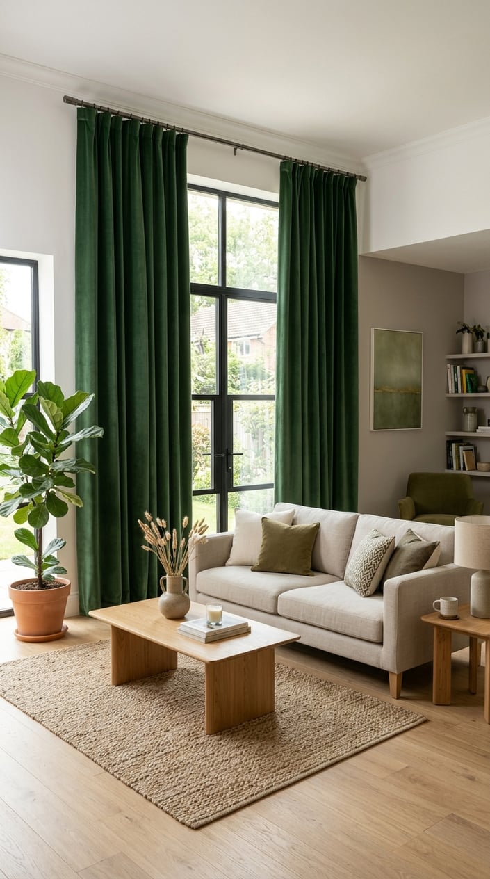 A bright living room with floor-to-ceiling green curtains and neutral-toned furniture, including a sofa and coffee table.