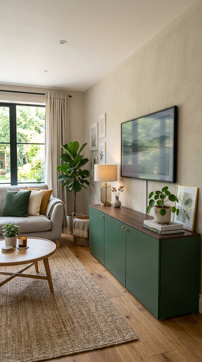 Living room with a forest green media console, sofa, and decorative plants in a bright, inviting space.