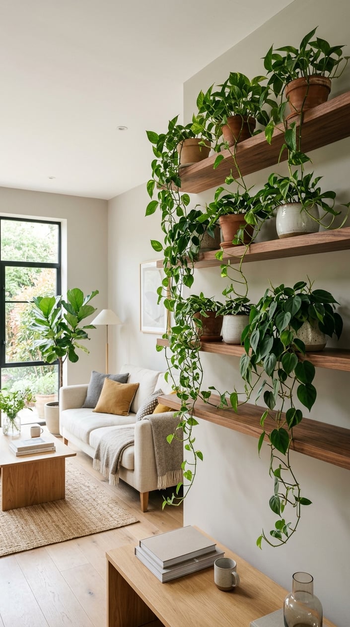 Living room with walnut shelves holding hanging Pothos and trailing Philodendron plants.