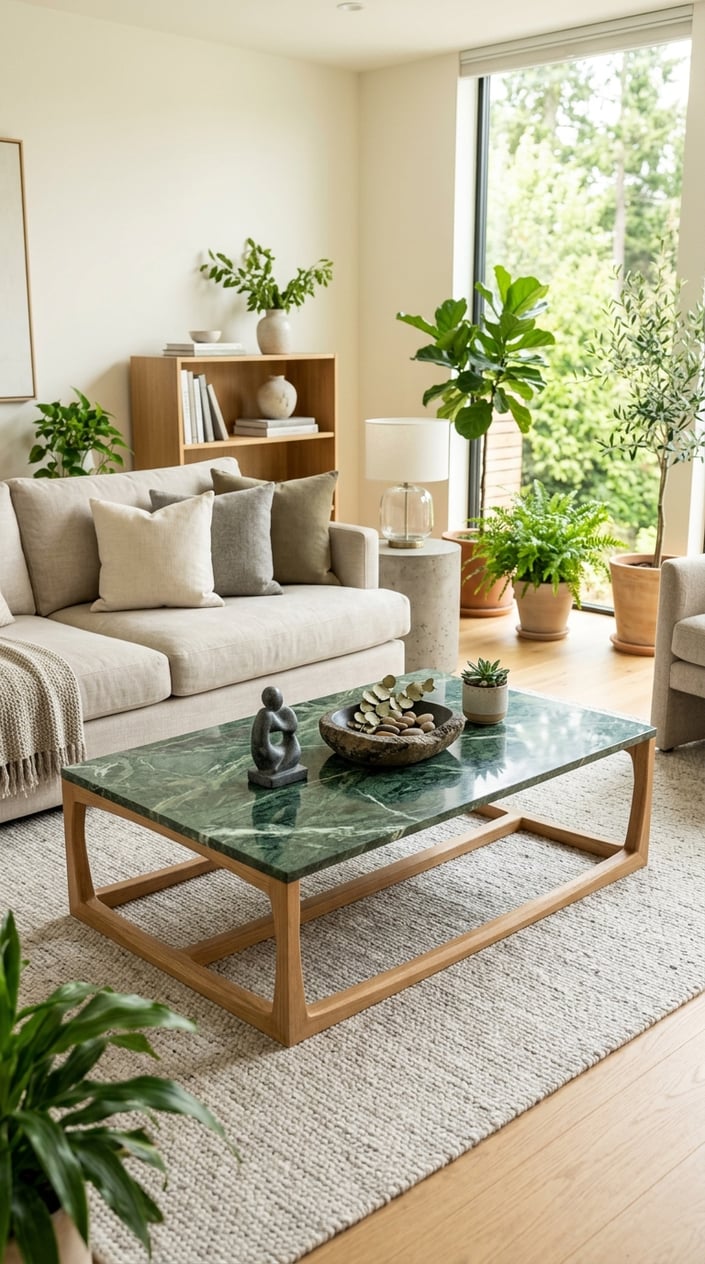 A green marble coffee table with stone decor in a living room with a sofa, plants, and natural light.