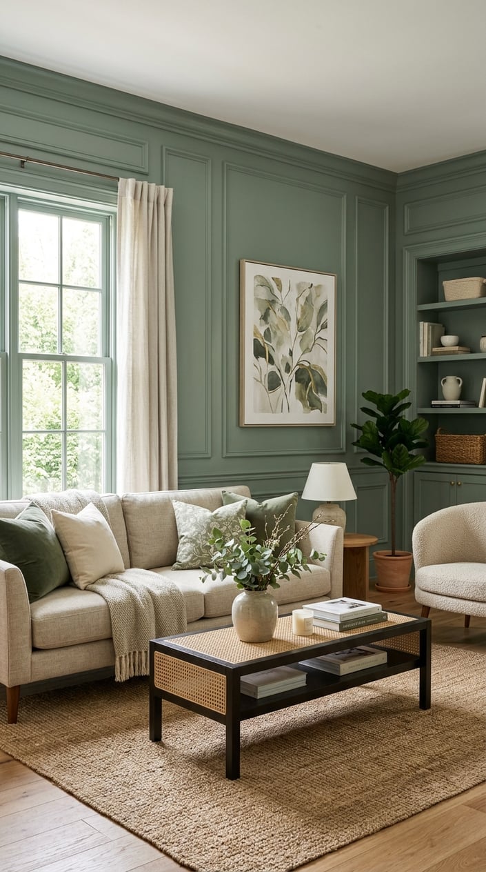Living room with green painted panel molding, sofa, coffee table, and plants under natural light.