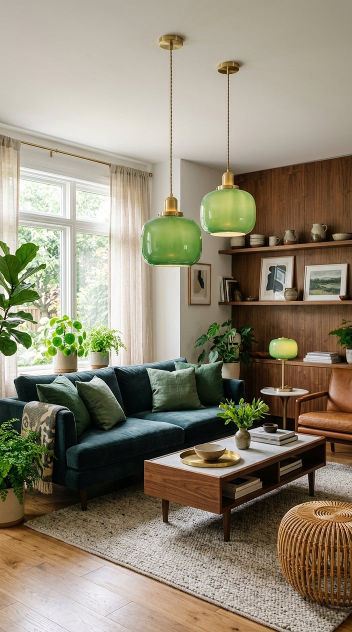 A living room with brass and green glass lighting, a sofa with green cushions, wooden furniture, and plants.