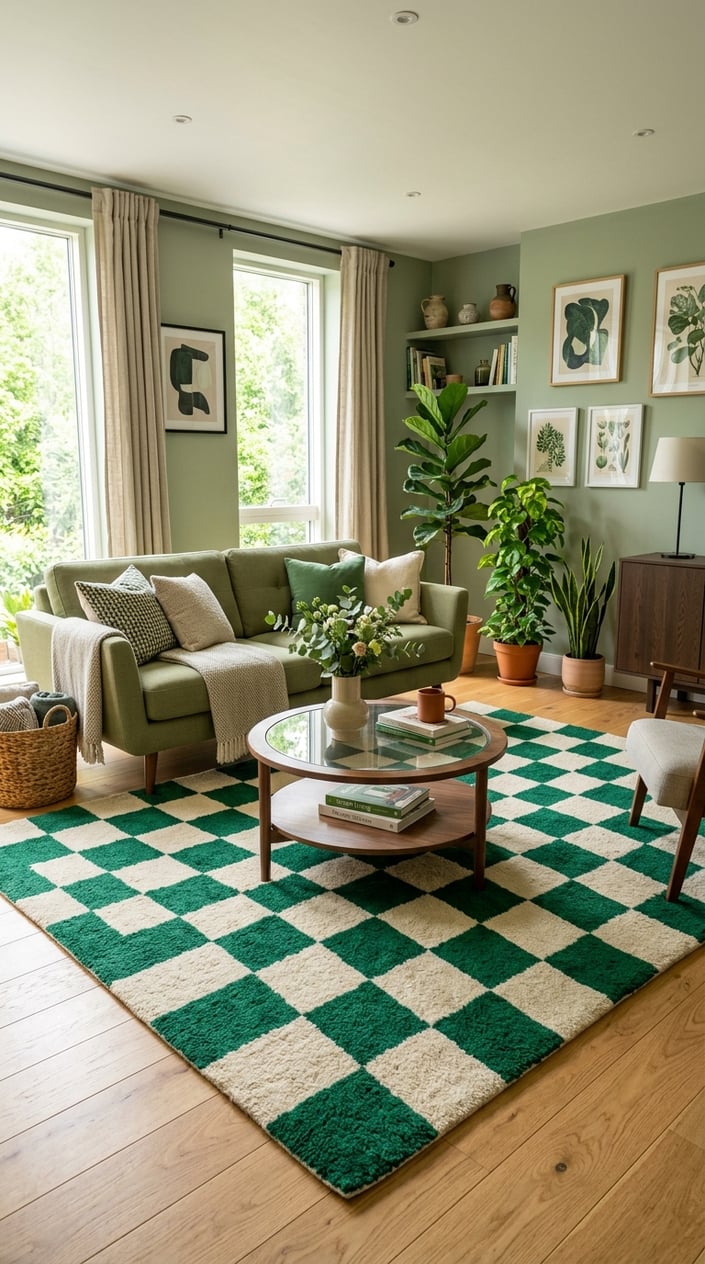 Living room with a checkerboard green and ivory wool rug, sofa, coffee table, and indoor plants.