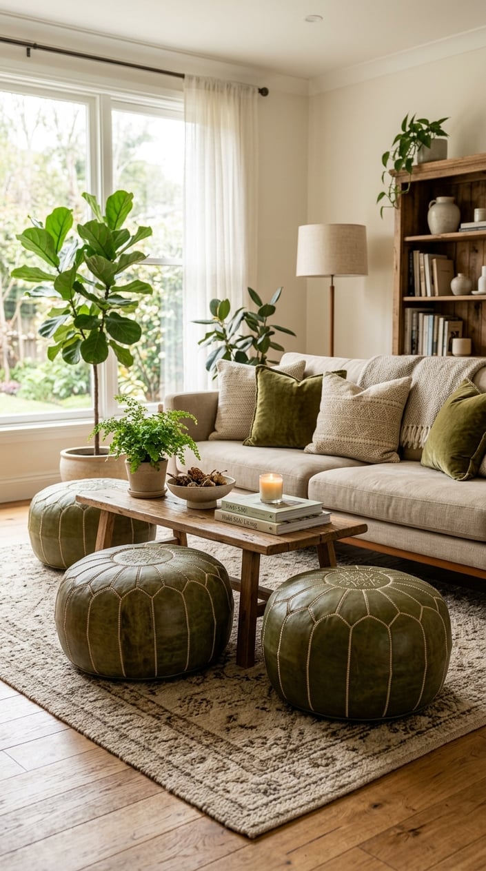 A living room with olive green leather poufs, a wooden coffee table, sofa with cushions, and indoor plants.