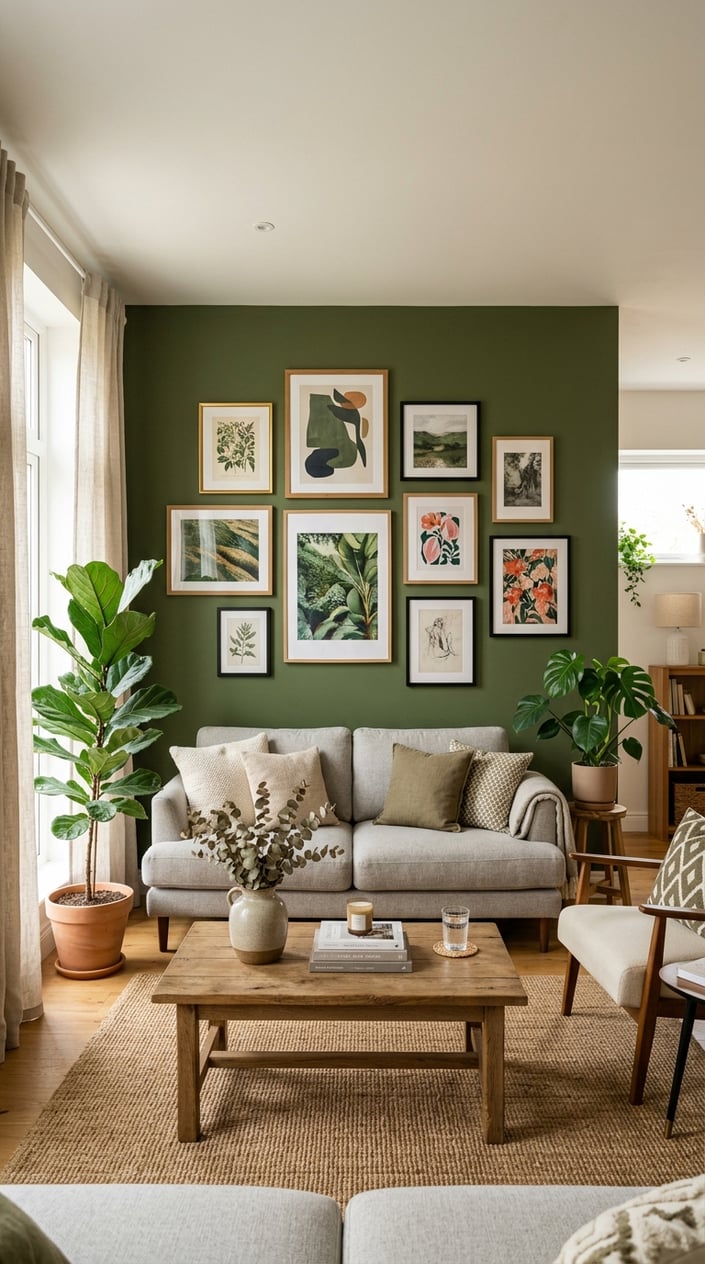 A living room with a green painted wall featuring a gallery of framed pictures, a sofa, coffee table, and indoor plants.