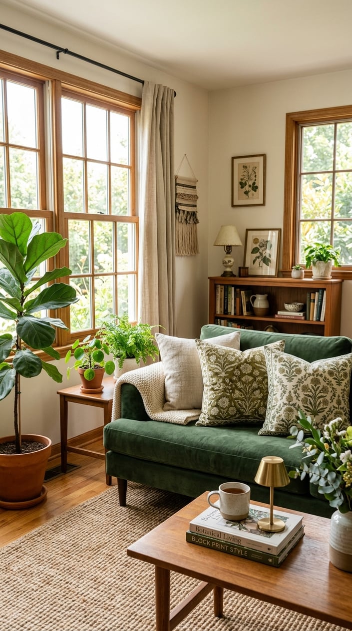 A living room corner with a sofa decorated with green floral patterned pillows, surrounded by indoor plants and natural light.