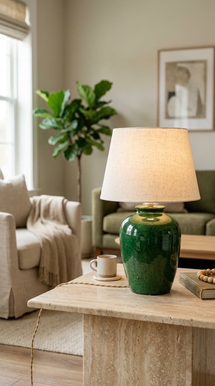 A green ceramic table lamp on a beige travertine side table in a softly lit living room.