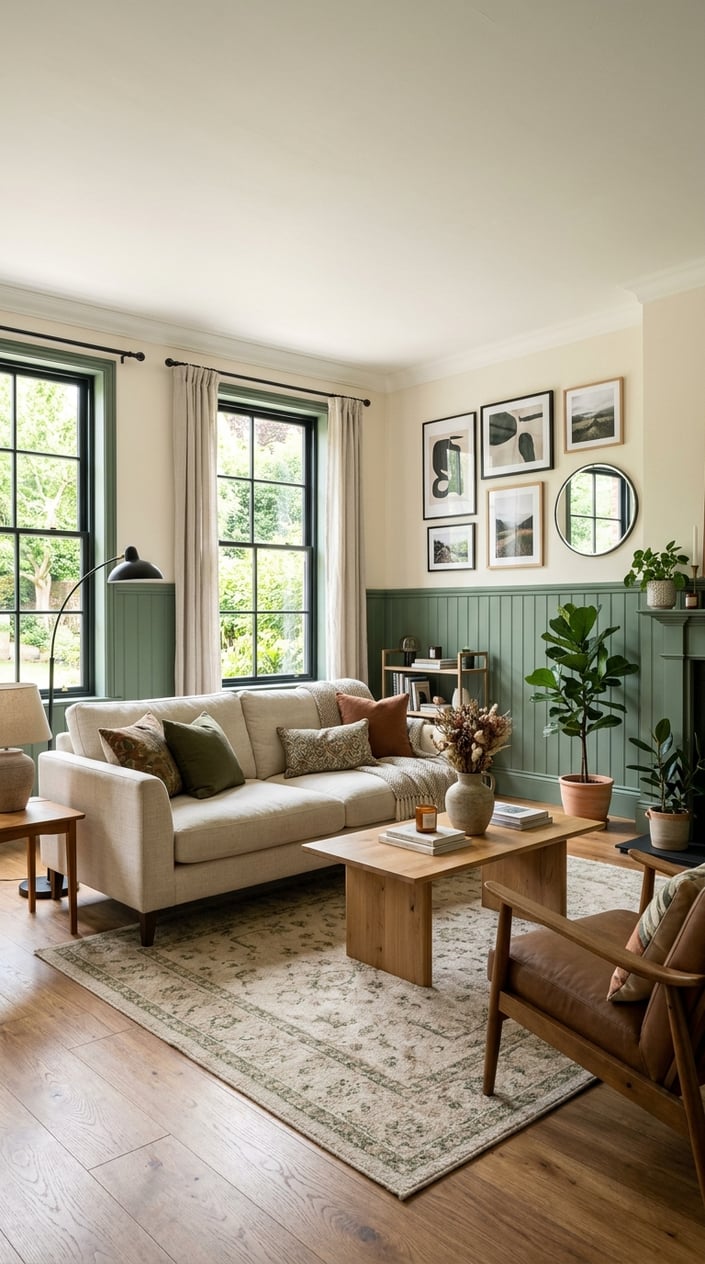 Living room with green wainscoting on the lower walls and cream-colored upper walls, furnished with a sofa, coffee table, plants, and natural light coming through windows.