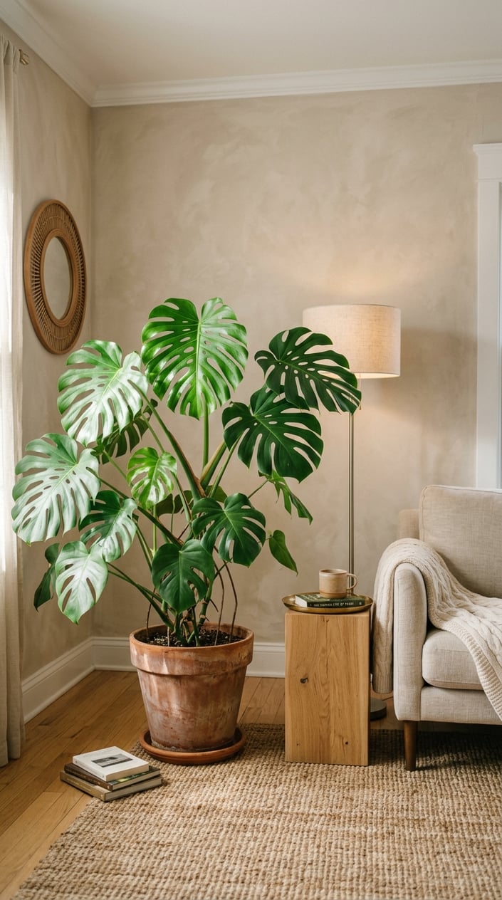 A living room corner with a large Monstera Deliciosa plant in a terracotta planter next to a wooden side table and an armchair.