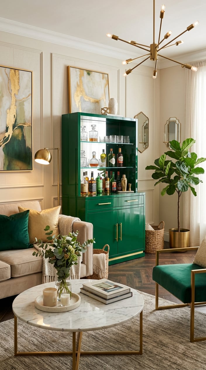 A living room with a green lacquer bar cabinet, velvet seating, plants, and decorative elements.