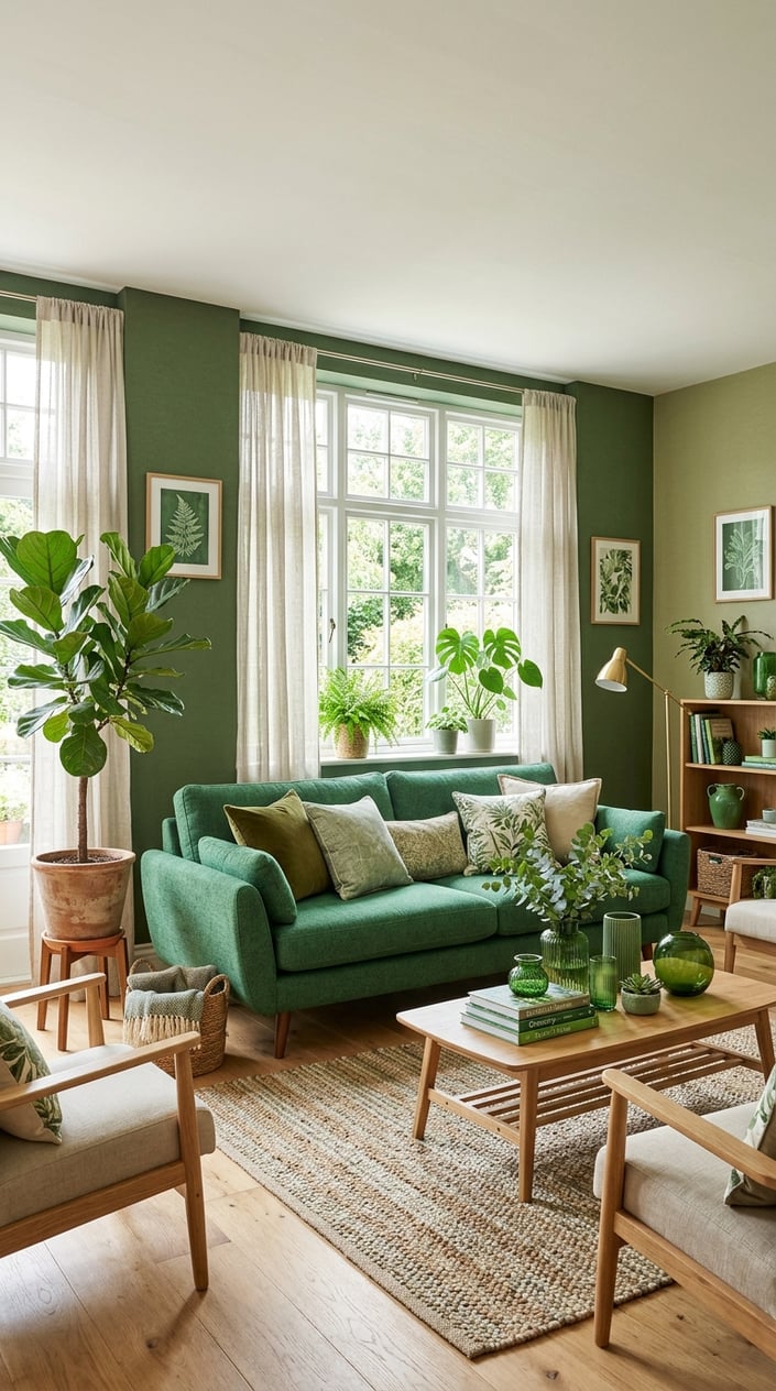 A living room with a green sofa, indoor plants, green accent walls, and natural light coming through large windows.