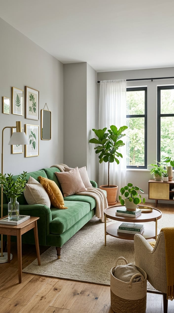 A living room with a green sofa, beige and mustard yellow pillows, wooden floor, plants, and natural light coming through large windows.