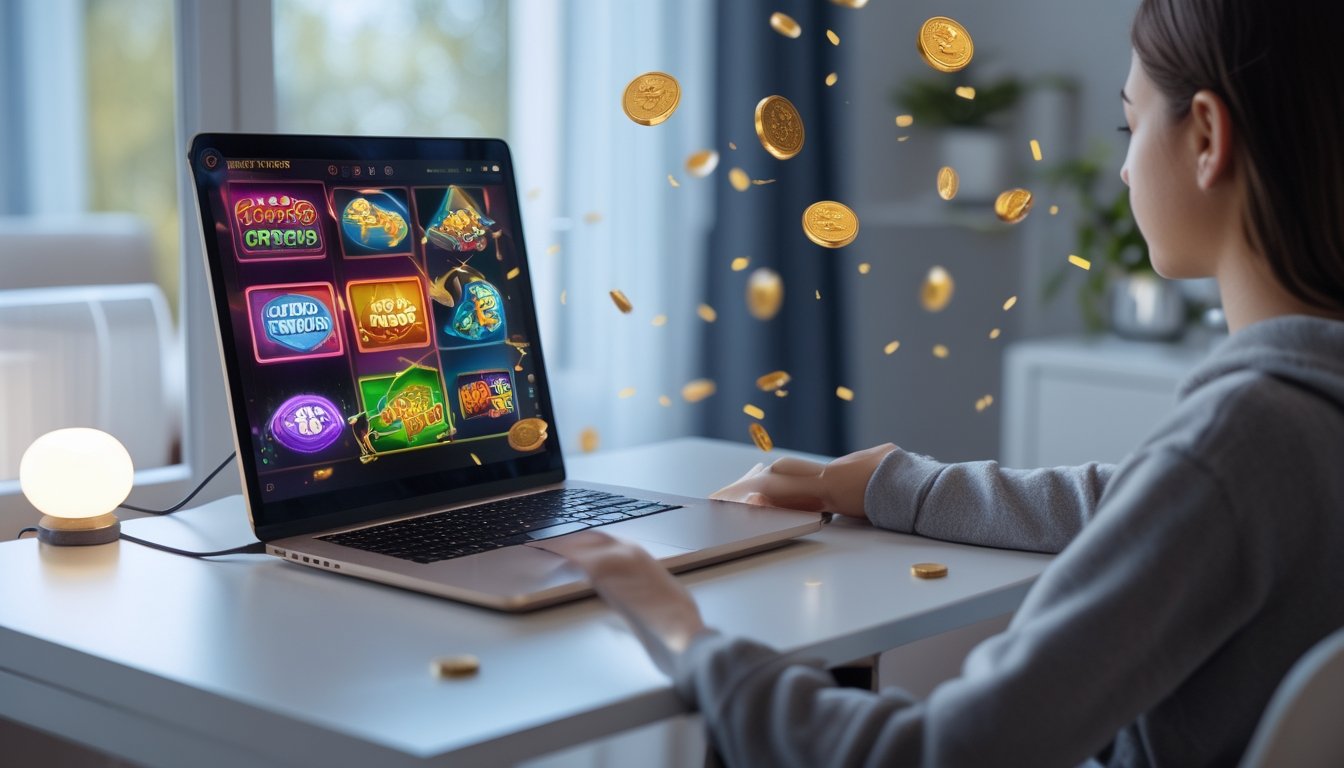 Seorang pemula bermain permainan slot online di laptop di meja yang rapi dan terang di dalam rumah.