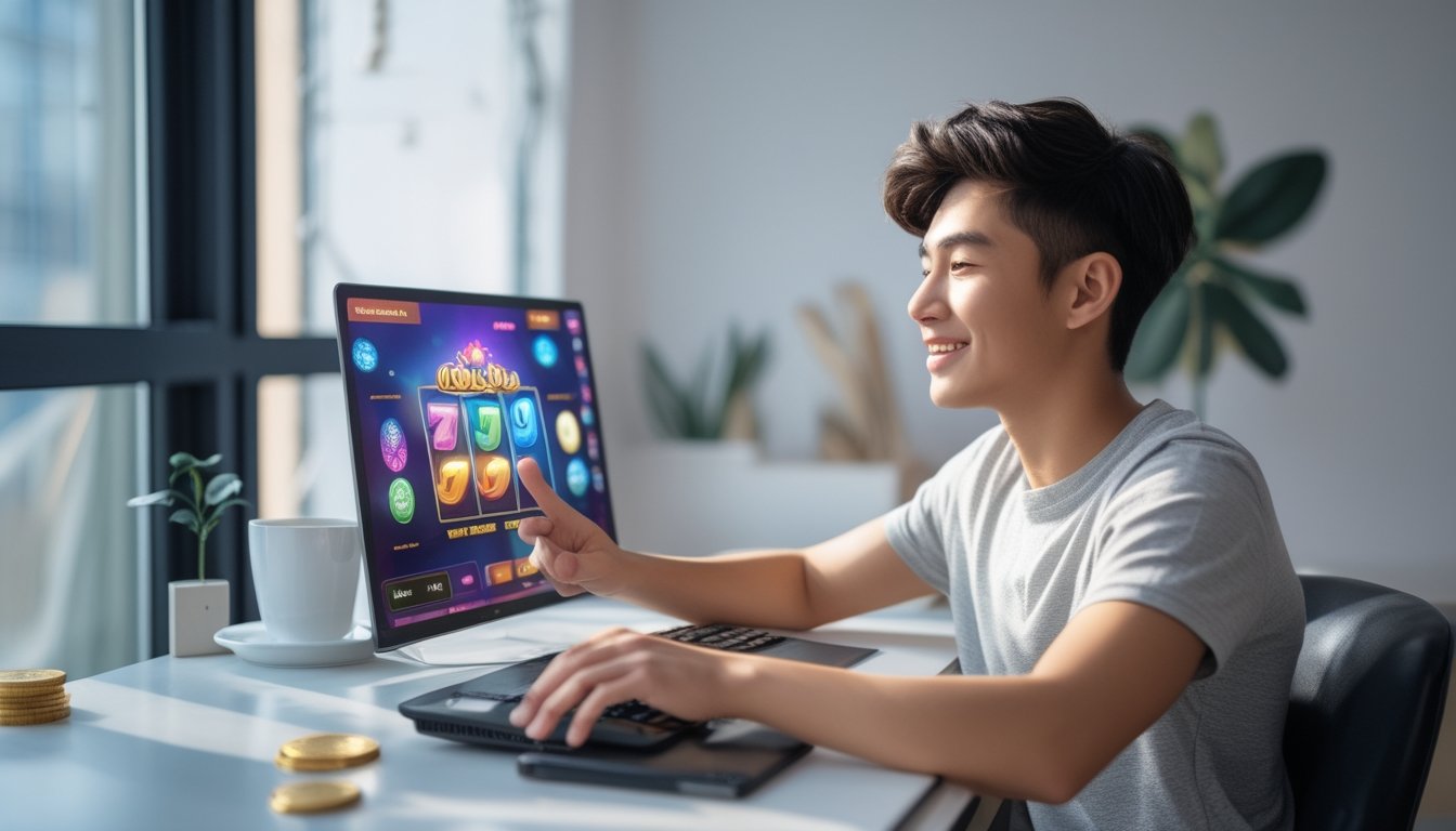 Seorang dewasa muda duduk di meja dengan laptop yang menampilkan permainan slot online, terlihat senang dan fokus di ruangan yang terang dan nyaman.