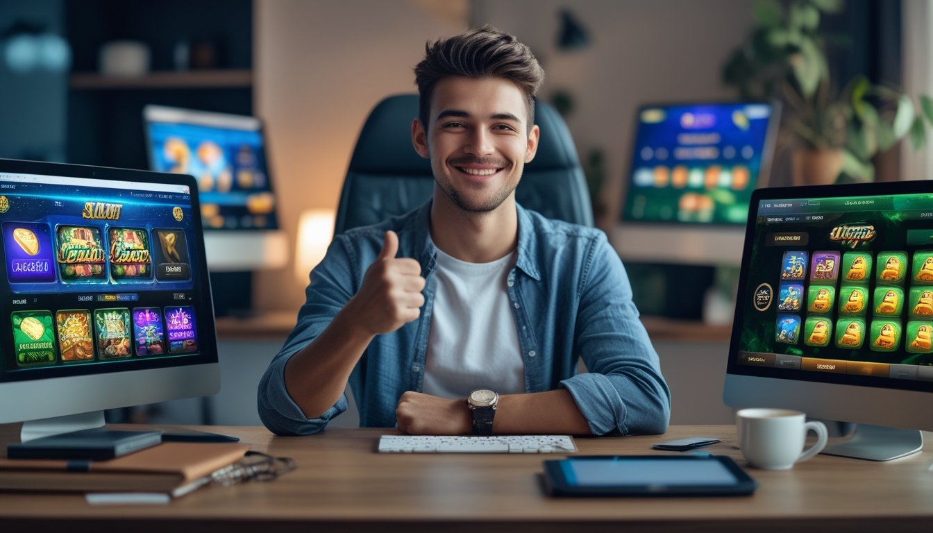 Seorang dewasa muda duduk di meja dengan perangkat digital menampilkan permainan slot, tersenyum dan menunjukkan ekspresi kemenangan.