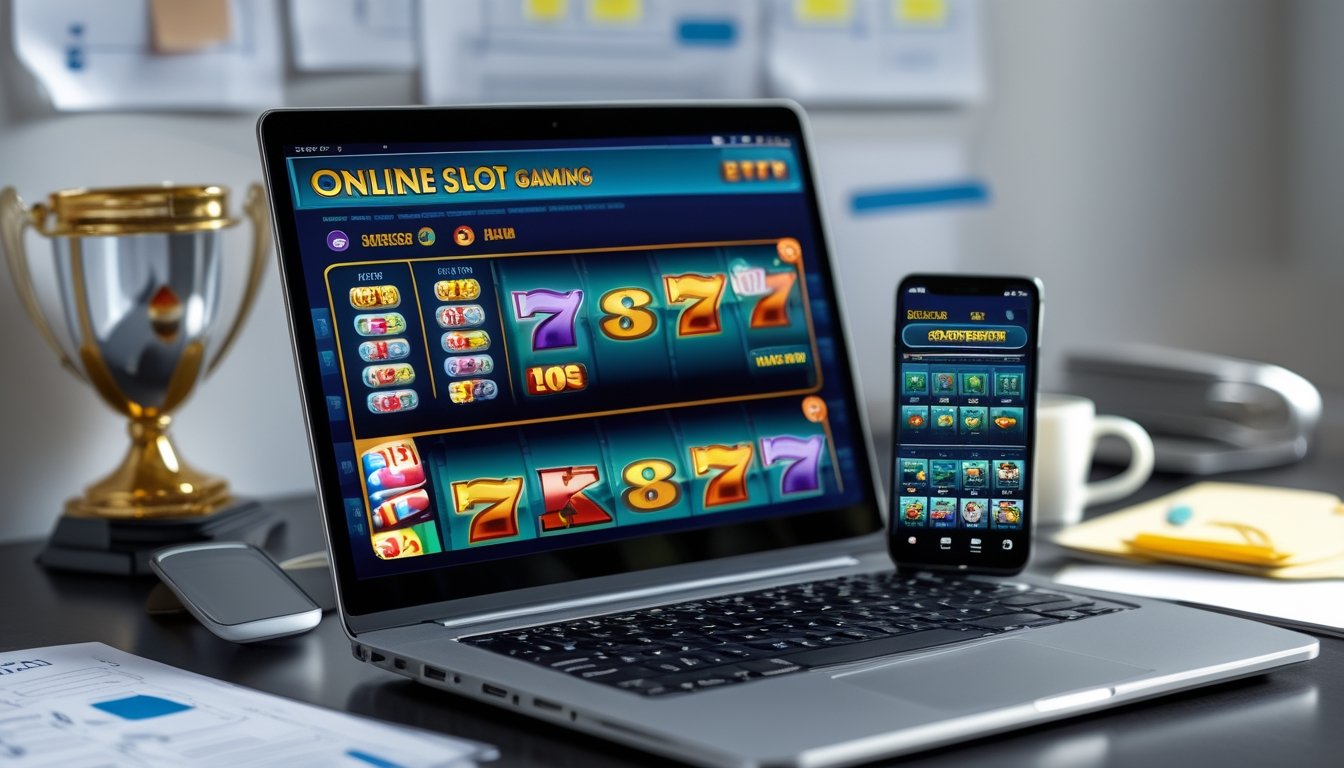 Meja kerja dengan laptop dan ponsel yang menampilkan permainan slot online, di samping terdapat cangkir kopi dan piala kecil.