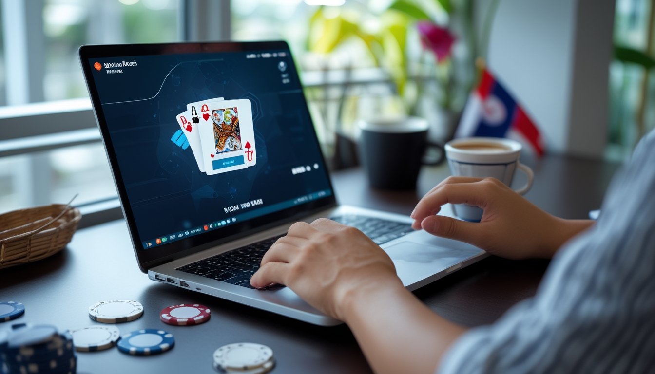 Seorang pengguna sedang bermain poker online di laptop di meja kerja dengan chip poker dan kartu bermain di sekitar.