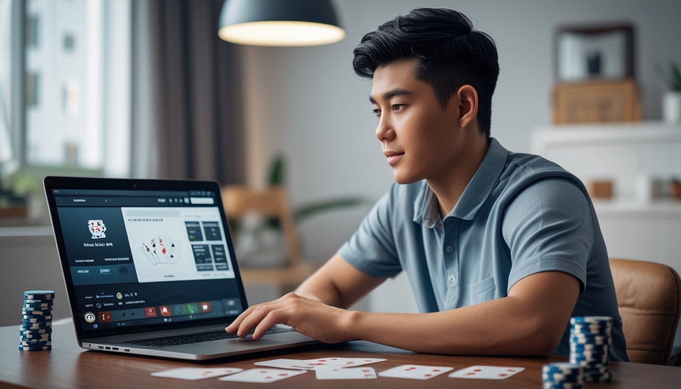 Seorang pria muda sedang menggunakan laptop dengan tumpukan chip poker dan kartu di atas meja di ruang kerja yang terang.