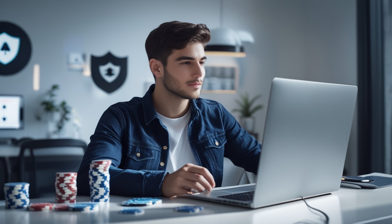 Seorang pria muda duduk di meja dengan laptop dan kartu poker, fokus bermain poker online di ruangan yang terang.
