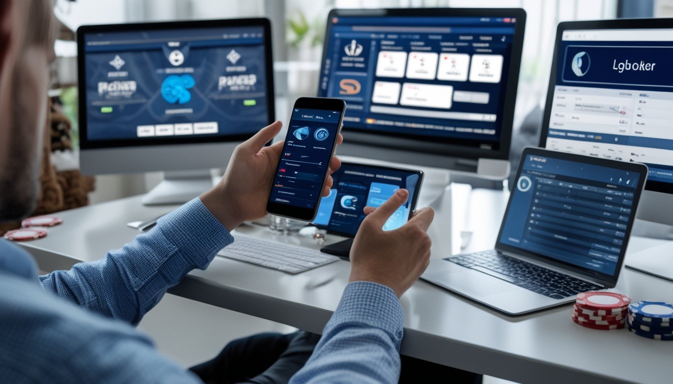 Seorang pemain poker online yang percaya diri duduk di meja modern dengan beberapa layar digital menampilkan permainan poker dan statistik, menggunakan perangkat untuk bermain dengan fokus di ruang kerja yang terang dan rapi.