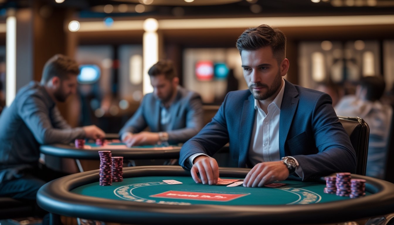 Seorang pria fokus duduk di meja poker dengan tumpukan chip dan kartu di tangan di dalam kasino modern.