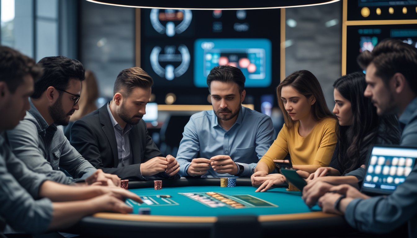 Sekelompok orang fokus bermain poker di meja dengan chip dan kartu, menggunakan perangkat digital dalam suasana permainan poker online.