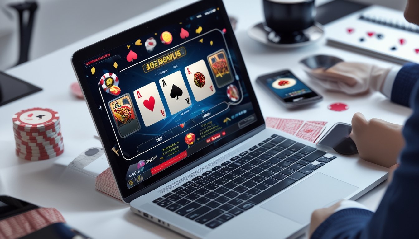Sebuah laptop dengan permainan poker online di layar, dikelilingi oleh chip poker dan kartu remi di atas meja kerja.