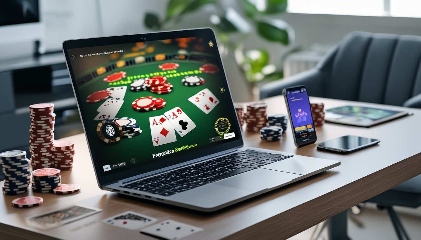 Meja kerja dengan laptop yang menampilkan permainan poker online, kartu remi dan chip poker tertata rapi di atas meja.