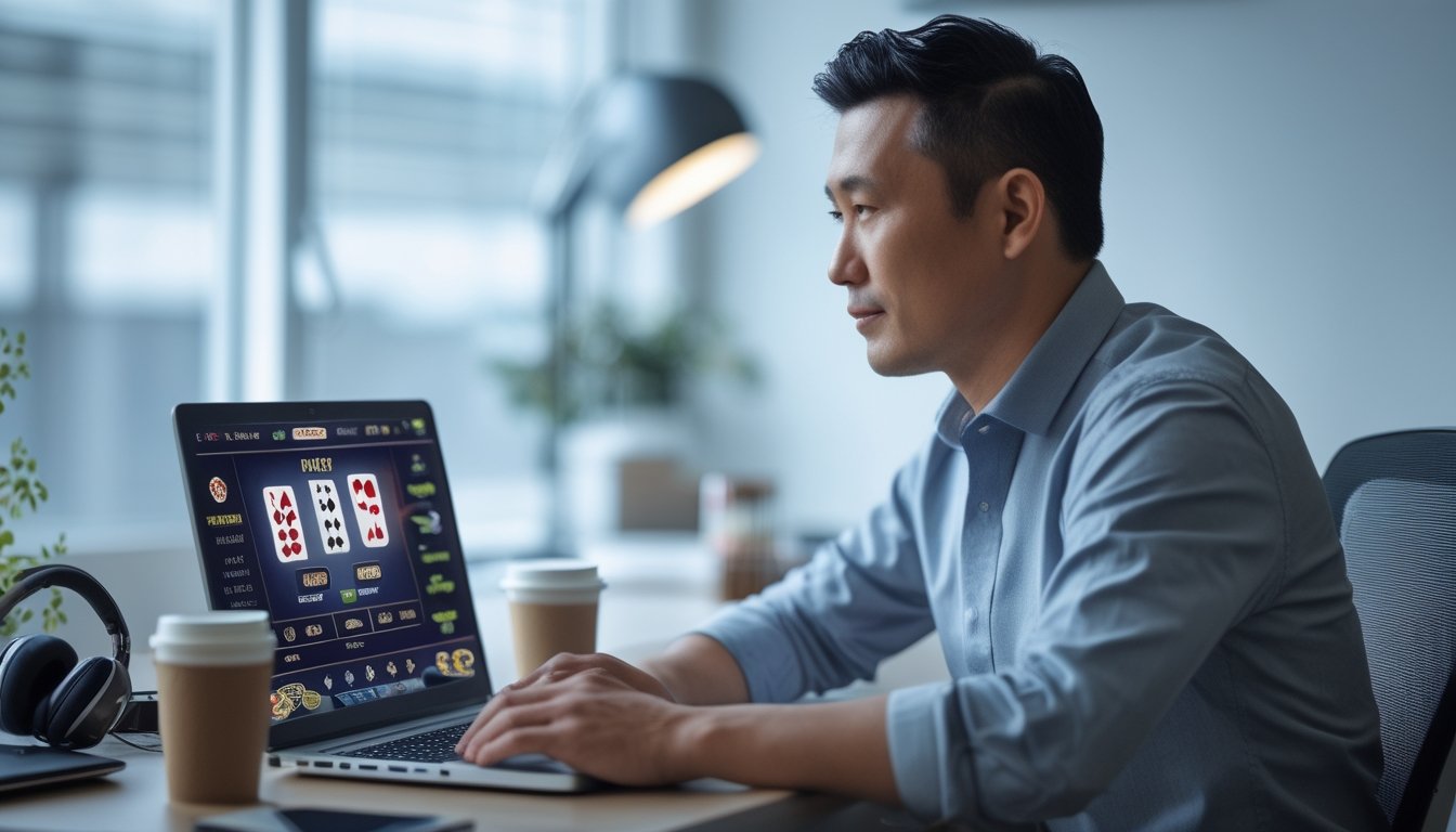 Seorang pria Asia duduk di meja kerja dengan laptop yang menampilkan permainan poker online, di sekitarnya terdapat chip poker dan kartu bermain.