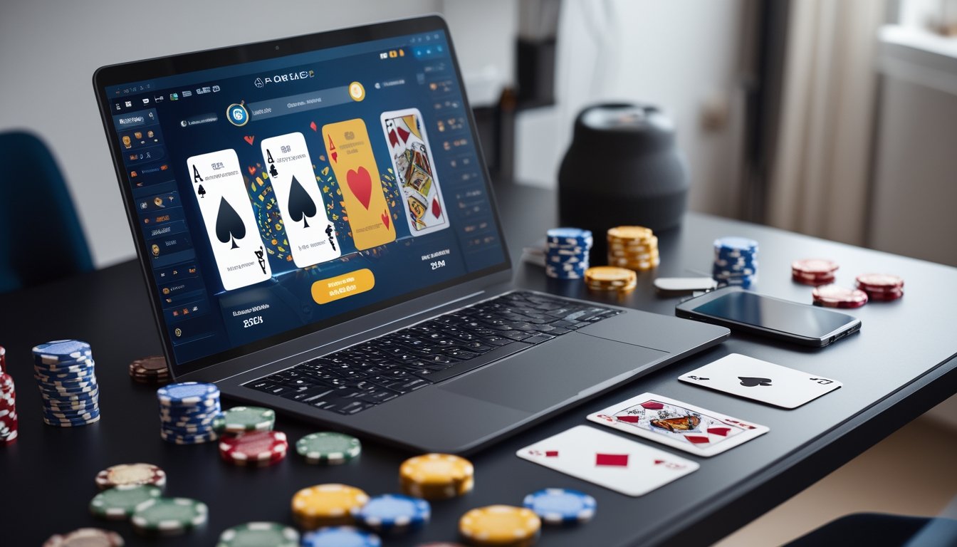 Seorang pemain poker online sedang menggunakan komputer dengan tumpukan chip dan kartu poker di meja.