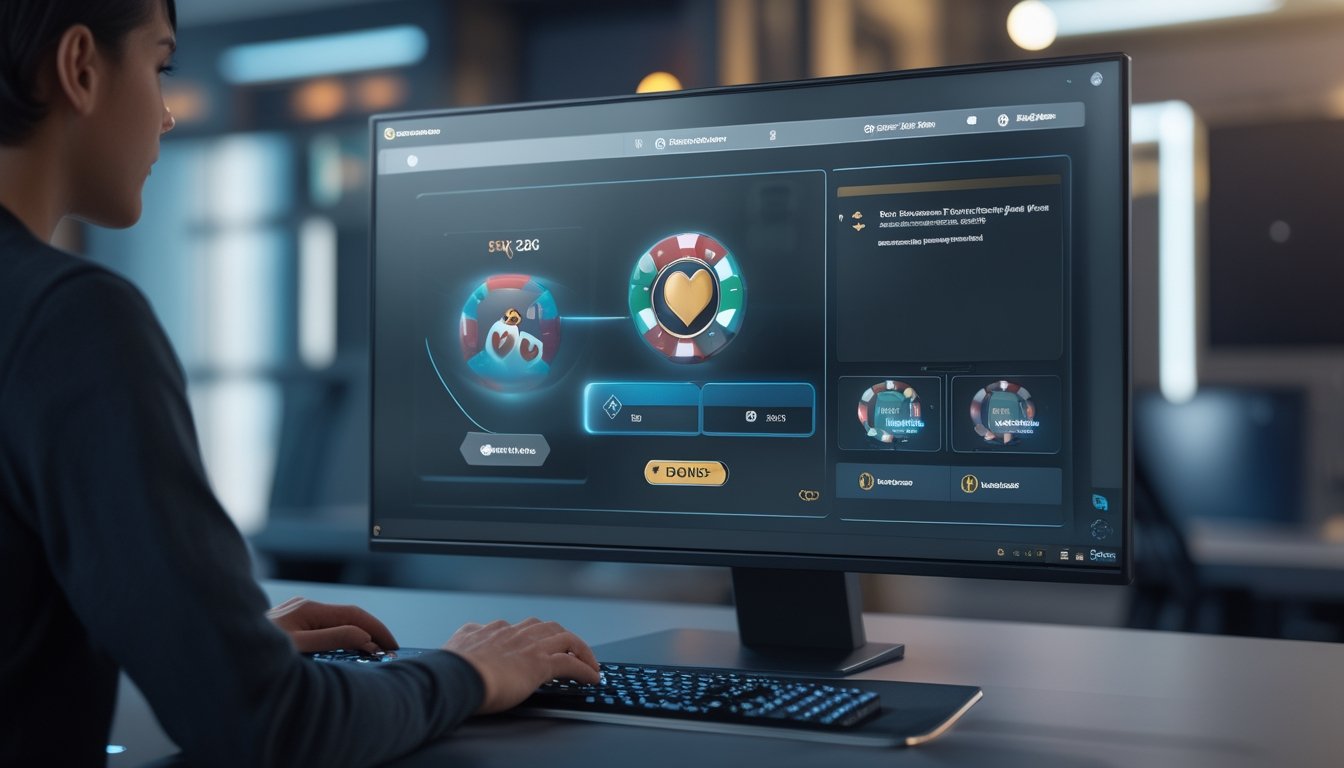 Tangan seseorang menggunakan komputer dengan permainan poker online di layar, menampilkan suasana bermain poker dan klaim bonus.