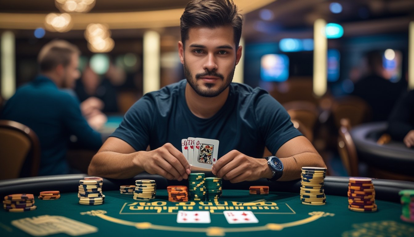 Seorang pria percaya diri duduk di meja poker dengan kartu dan tumpukan chip di depan, di dalam suasana kasino yang mewah.