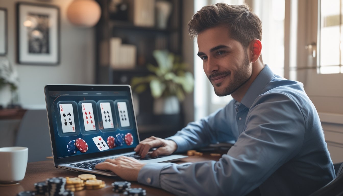 Seorang pria fokus bermain poker online menggunakan laptop di ruang kerja rumah yang terang dan nyaman.