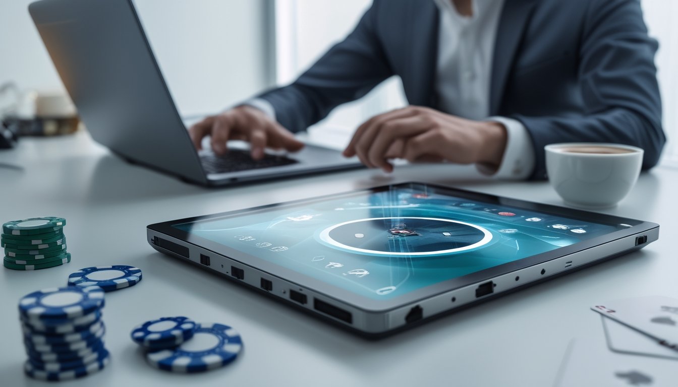 Seseorang sedang menggunakan laptop dengan tampilan permainan poker online di meja kerja yang rapi.