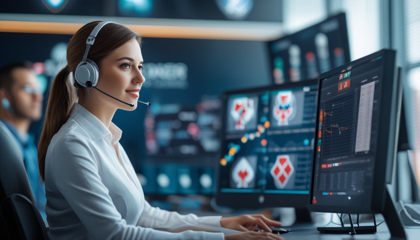 Seorang perwakilan layanan pelanggan profesional menggunakan headset di kantor modern dengan beberapa monitor komputer yang menampilkan grafik poker.