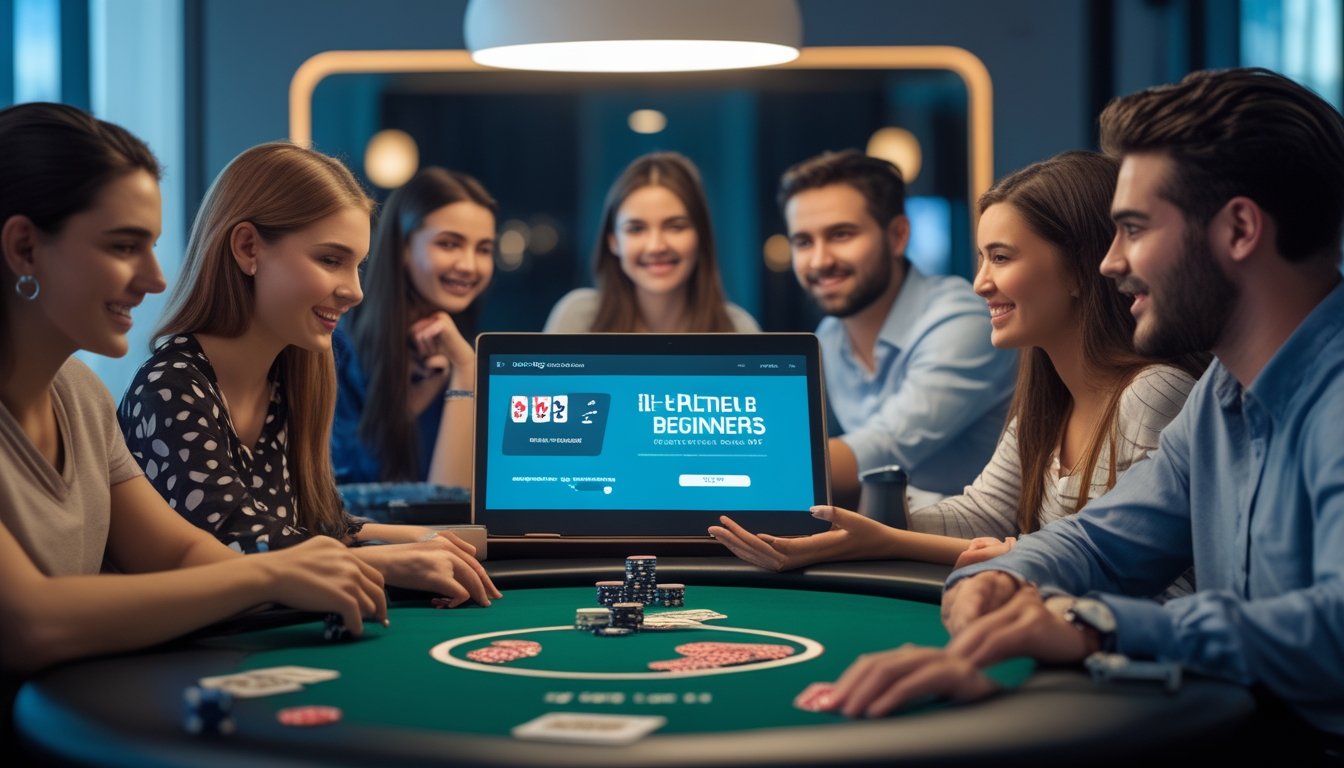 Sekelompok orang muda duduk di sekitar meja poker dengan chip dan kartu, terlihat fokus dan antusias bermain poker online.