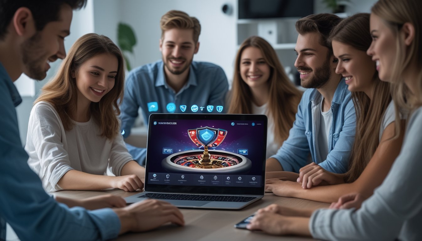 Sekelompok orang muda bermain poker online menggunakan laptop dan ponsel di ruangan yang nyaman dengan simbol keamanan digital di latar belakang.