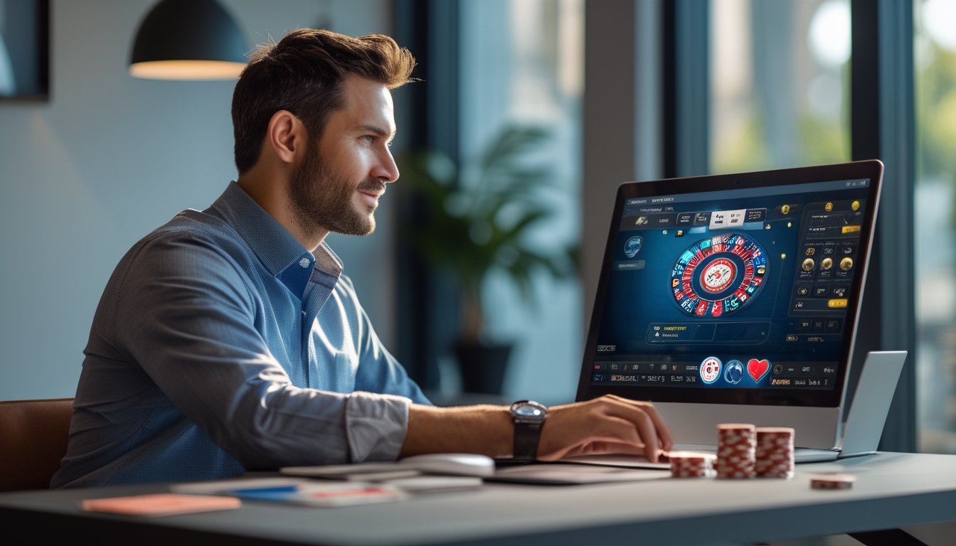 Seorang pria duduk di meja dengan laptop, bermain poker online dengan chip dan kartu di sekitarnya.